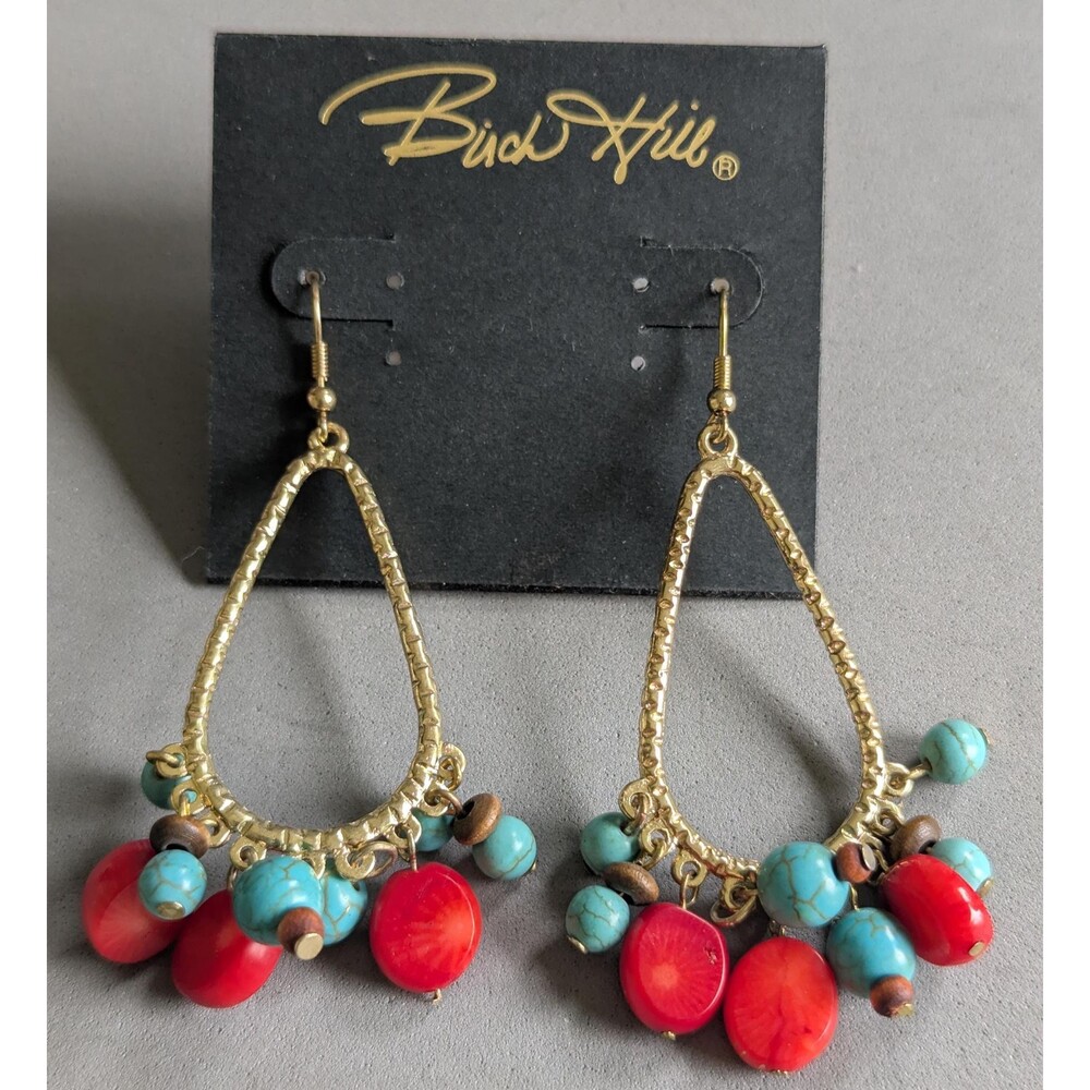 Vintage Birch Hill Boho Hoop Dangle Earrings Turquoise Coral Red Beads Southwest